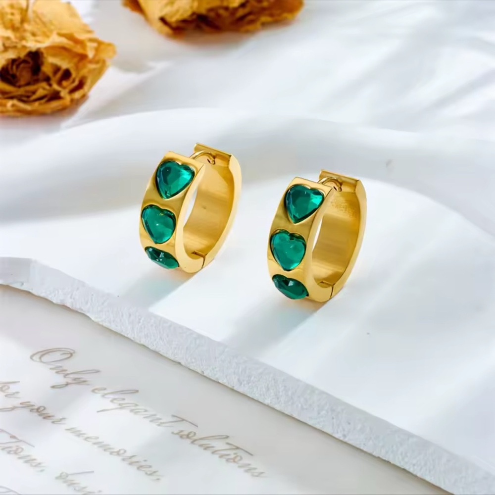 18k Gold plated stainless steel Hoop Earrings with Green Heart Accents